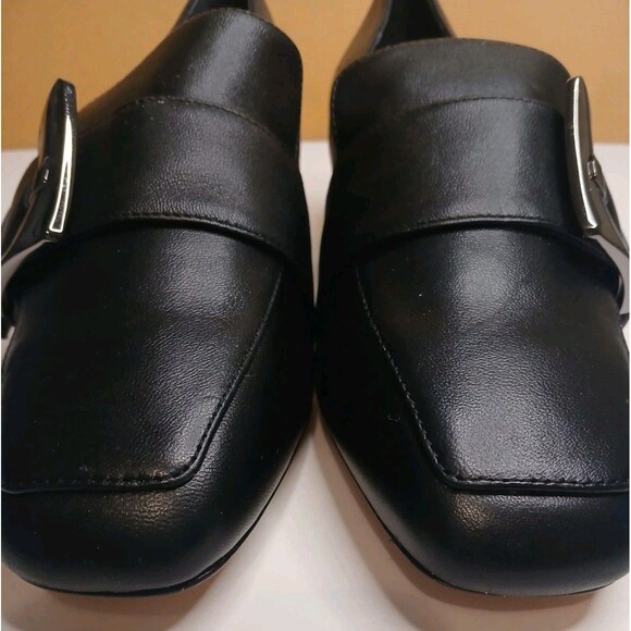 Deltan Sz 7 Veronica Black Leather Metal Buckle Flared Block Heel Pumps - Picture 8 of 16